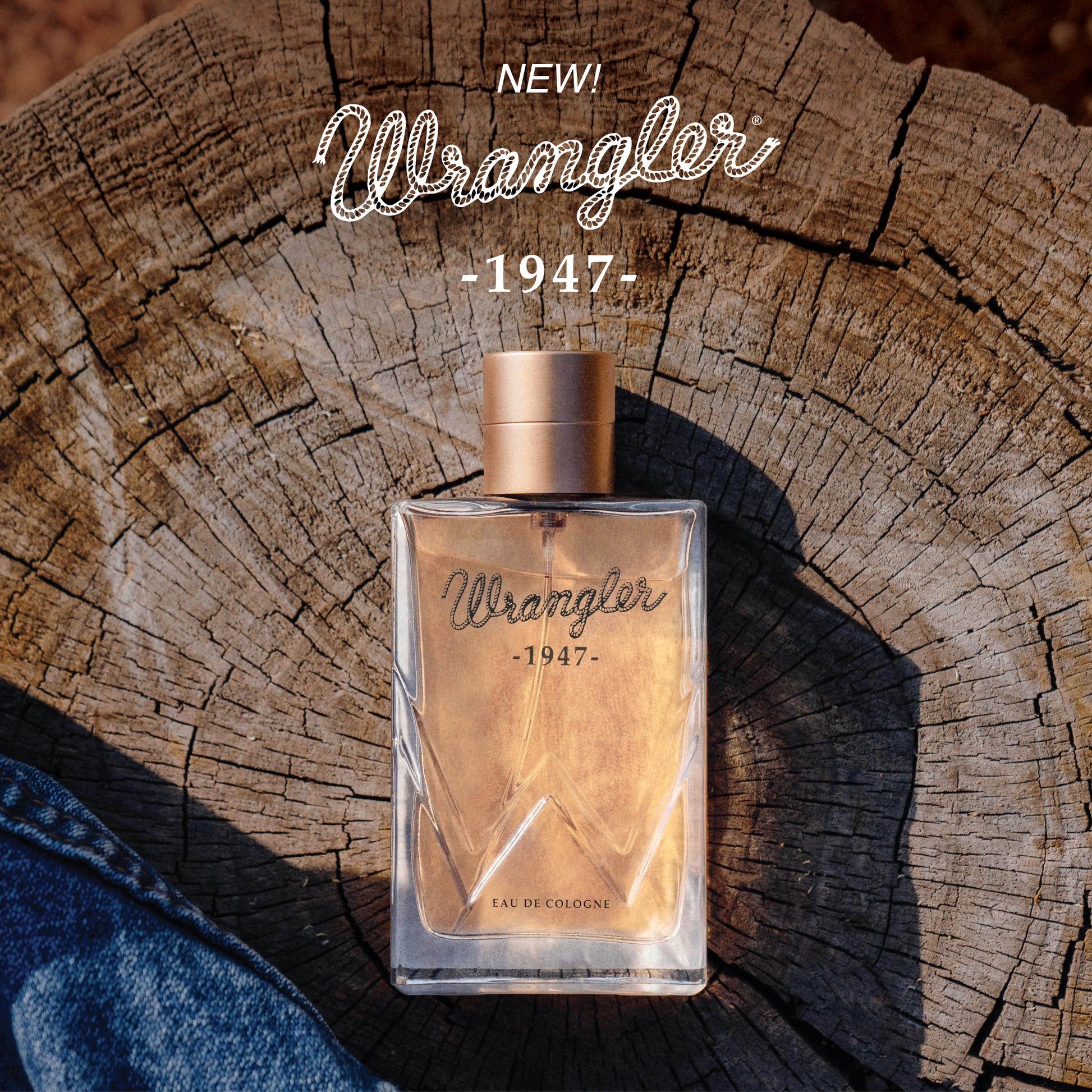 New Wrangler 1947 cologne on wood grain background.