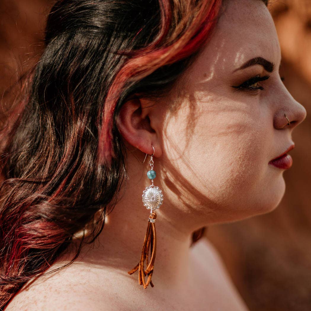 Concho and Turquoise Earrings with Leather Fringe - Quetzal