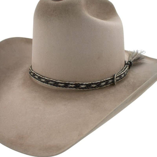 Tan cowboy hat with patterned band.