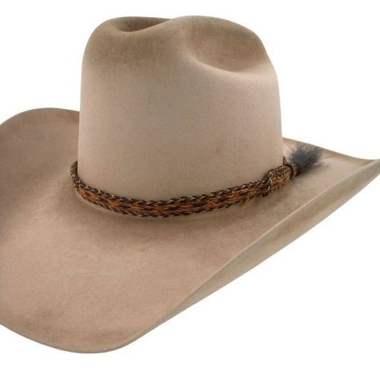 Tan cowboy hat with decorative band.