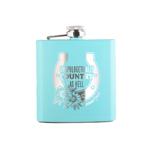 Teal flask with Unapologetically Country design