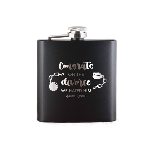 Black flask with Congrats on the divorce text