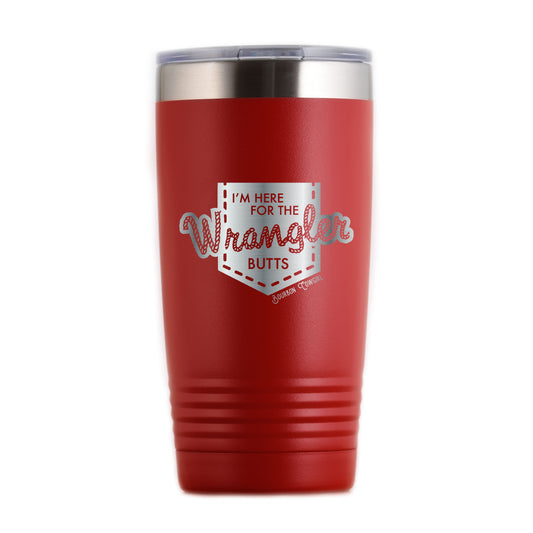 Red tumbler with Wrangler Butts design
