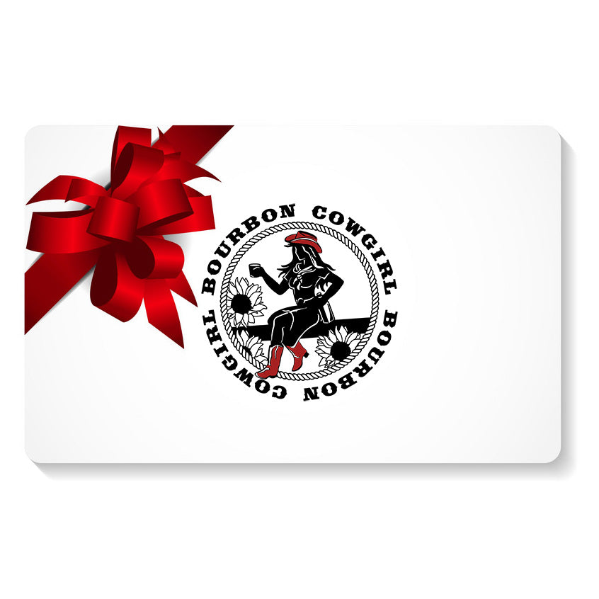 Bourbon Cowgirl gift card with red bow