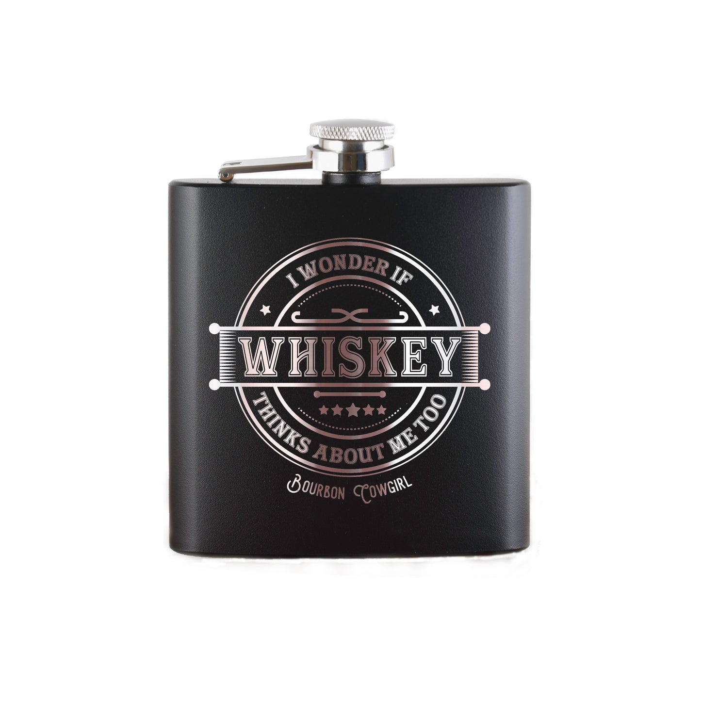 Black whiskey flask with Whiskey text