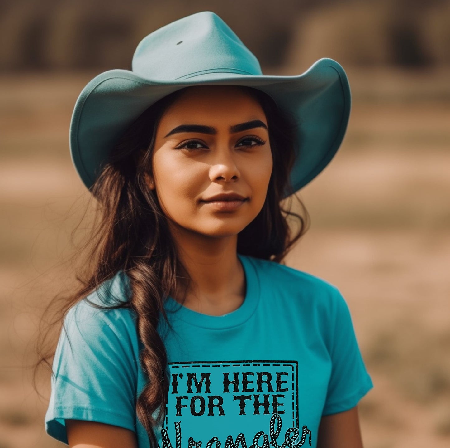 Woman in Wrangler turquoise shirt and cowboy hat