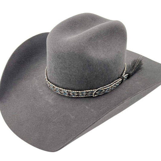 Gray cowboy hat with decorative band.