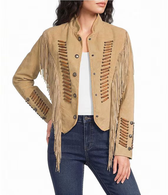 Suede Fringe Lacing Jacket with Bone Bead Details by Scully Leather - Old Rust