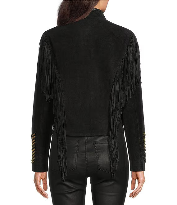 Suede Fringe Lacing Jacket with Bone Bead Details by Scully Leather - Black