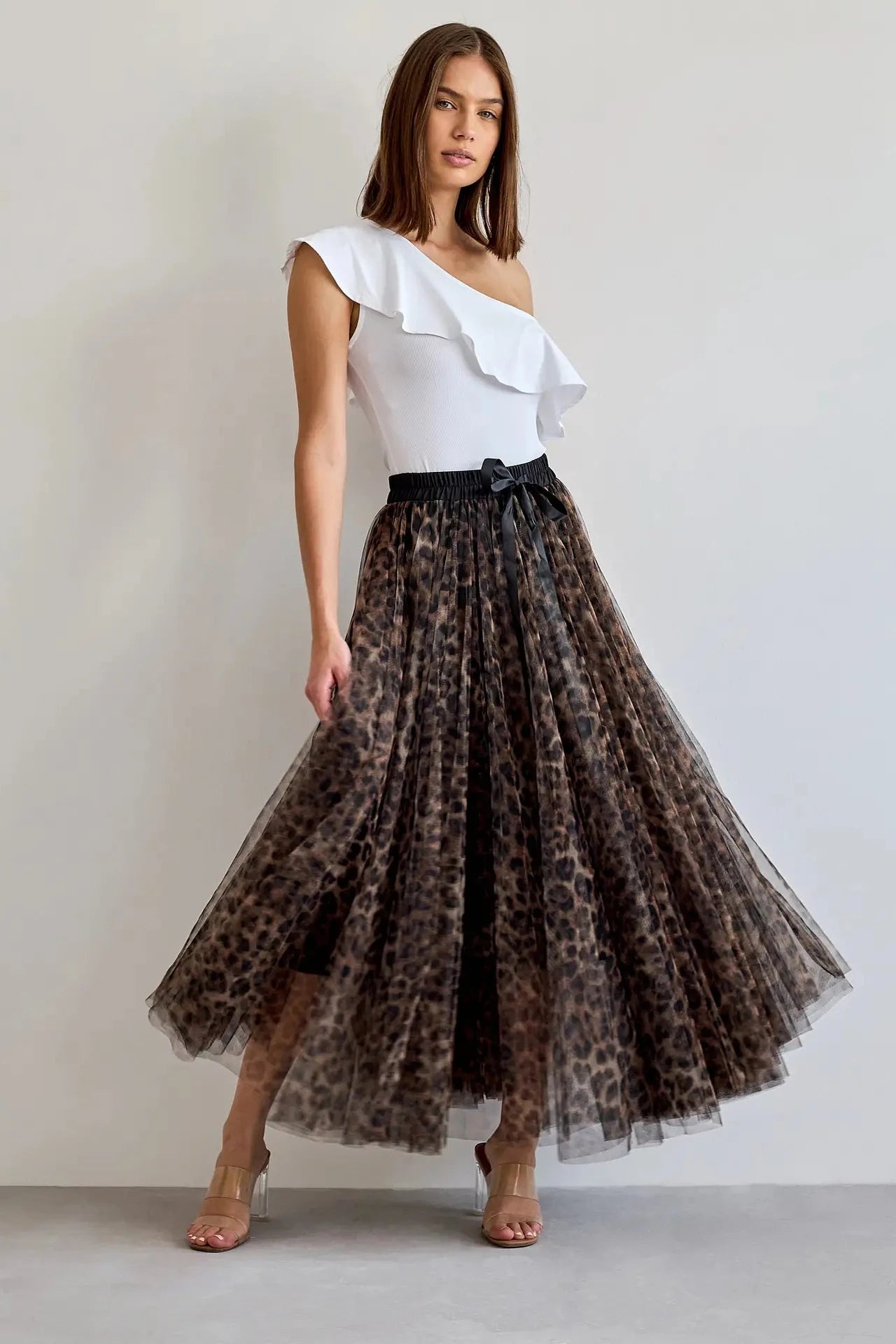 Aria Long Leopard Print Tulle Maxi Skirt