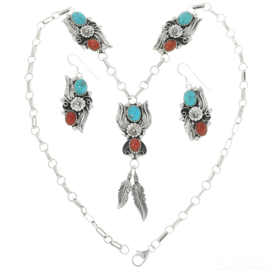 Navajo Turquoise Coral Necklace Earring Set Feather Dangles