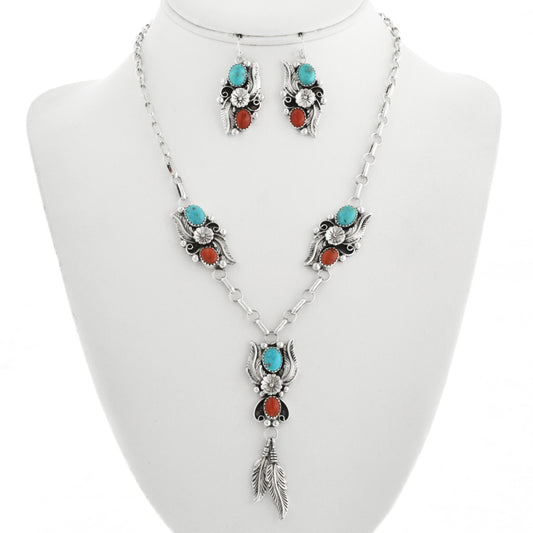 Navajo Turquoise Coral Necklace Earring Set Feather Dangles