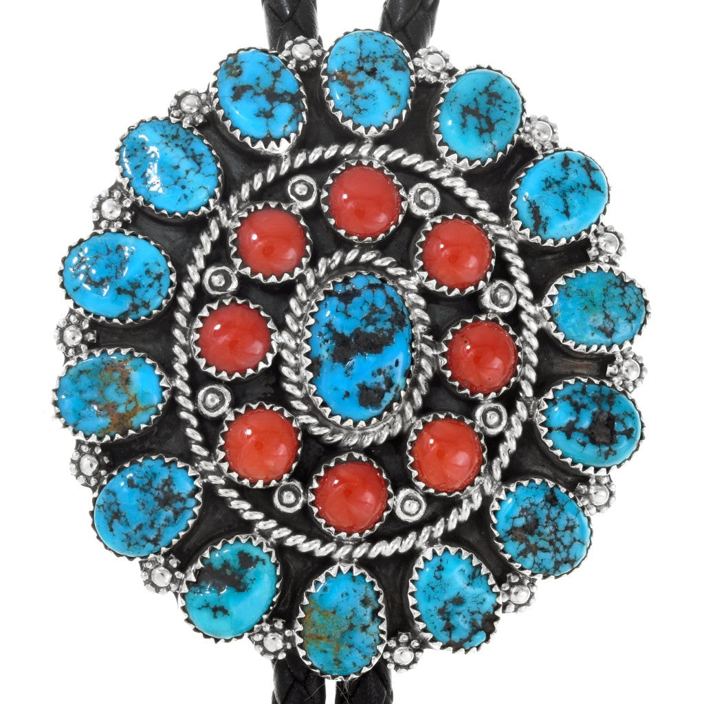 Navajo Natural Turquoise Coral Cluster Silver Bolo Tie Sterling