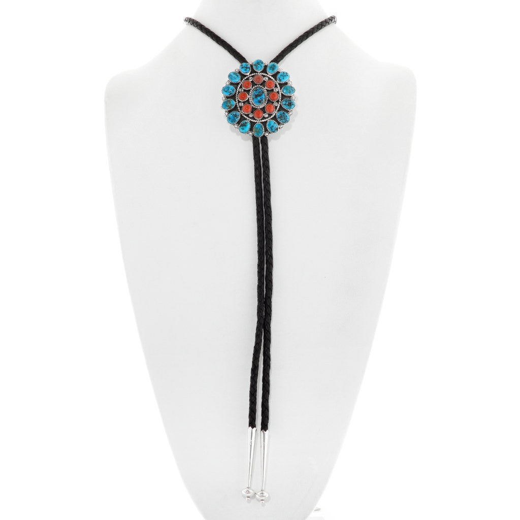 Navajo Natural Turquoise Coral Cluster Silver Bolo Tie Sterling