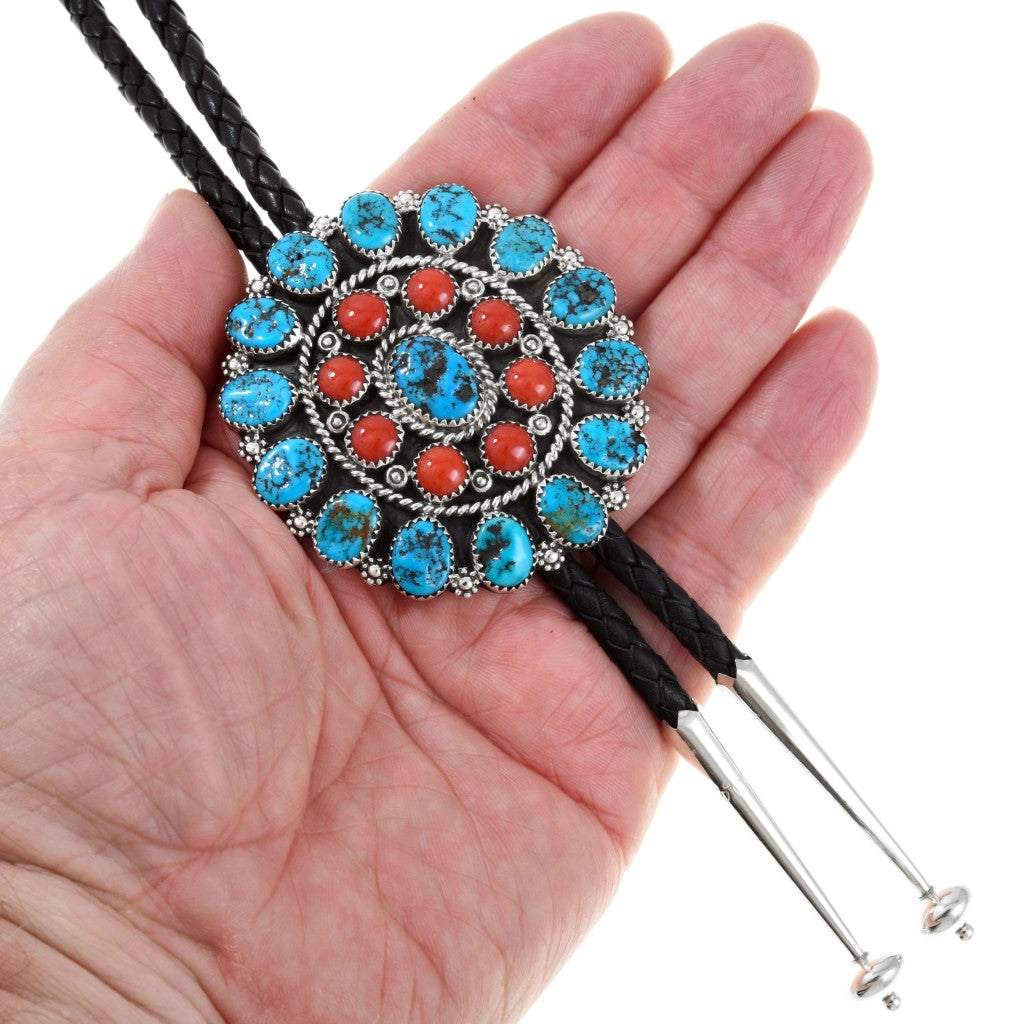 Navajo Natural Turquoise Coral Cluster Silver Bolo Tie Sterling