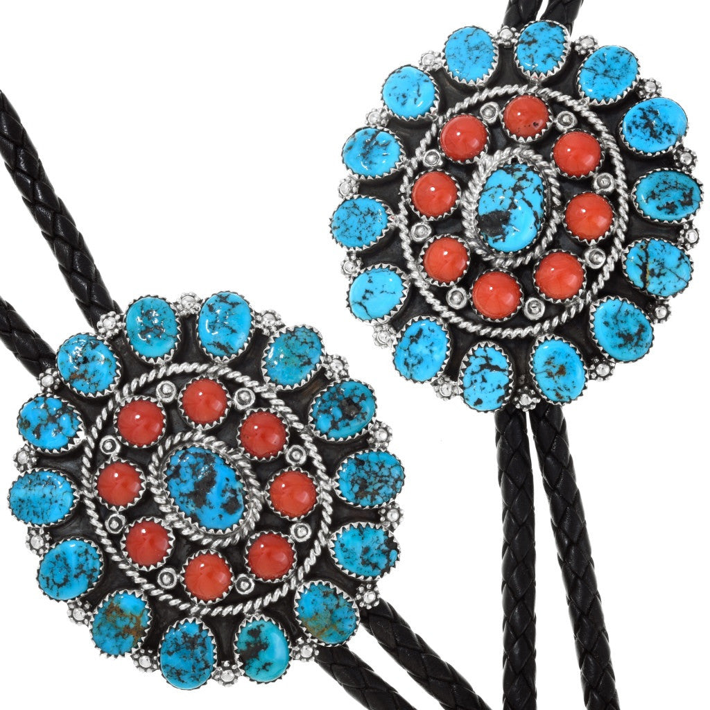 Navajo Natural Turquoise Coral Cluster Silver Bolo Tie Sterling