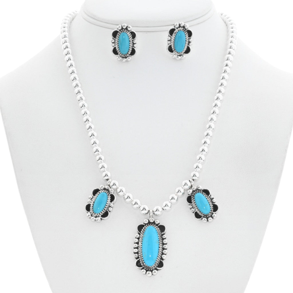 Beaded Turquoise Silver Pendant Necklace Earring Set