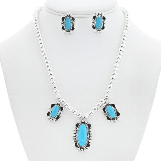 Beaded Turquoise Silver Pendant Necklace Earring Set