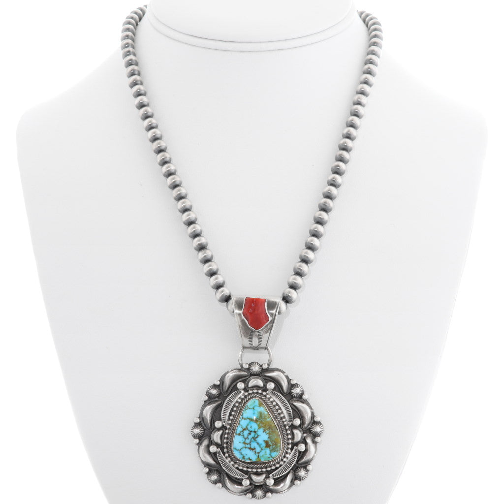 Navajo Turquoise Coral Silver Pendant Necklace by Tom Lewis