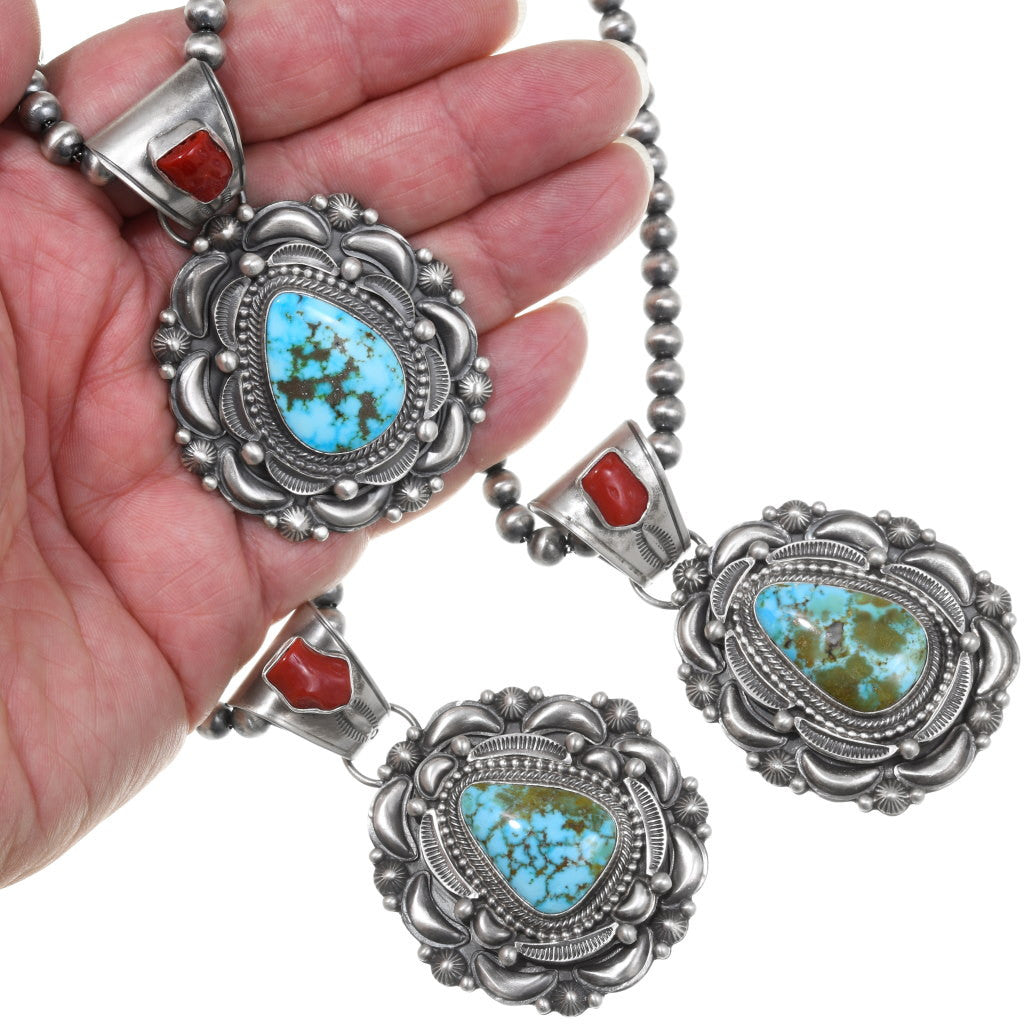 Navajo Turquoise Coral Silver Pendant Necklace by Tom Lewis