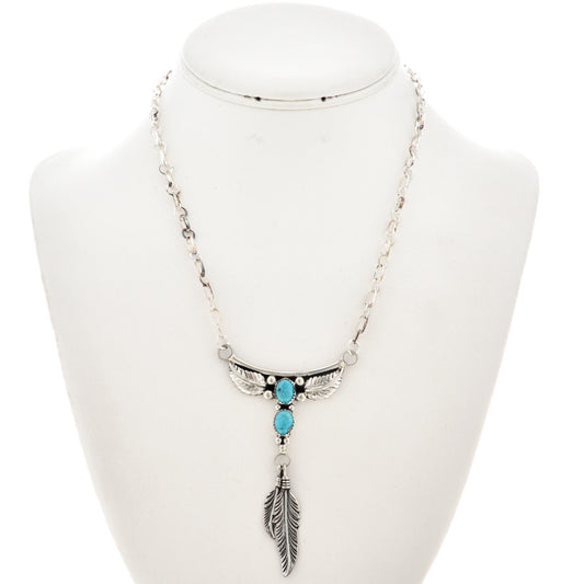 Navajo Turquoise Silver Feather Y Necklace on Link Chain 0055