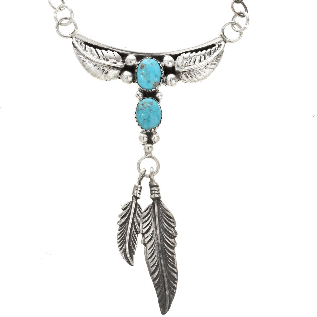 Navajo Turquoise Silver Feather Y Necklace on Link Chain 0055