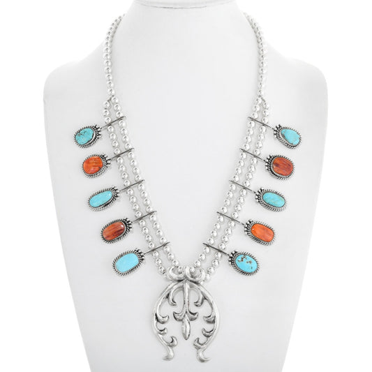 Navajo Turquoise Spiny Oyster Squash Blossom Necklace