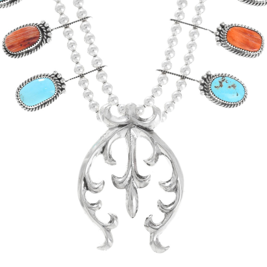 Navajo Turquoise Spiny Oyster Squash Blossom Necklace