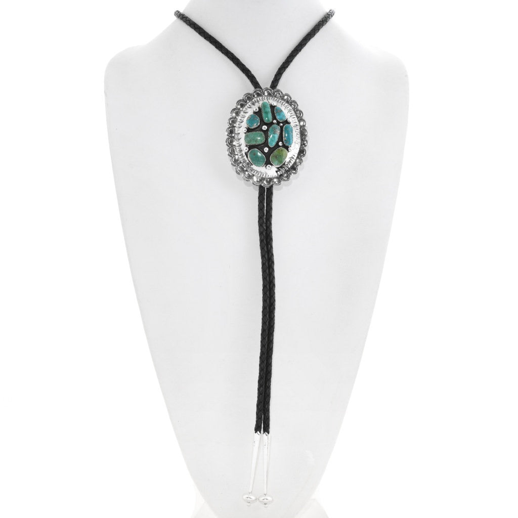 Navajo Turquoise Cluster Silver Bolo Tie Hand Hammered Concho