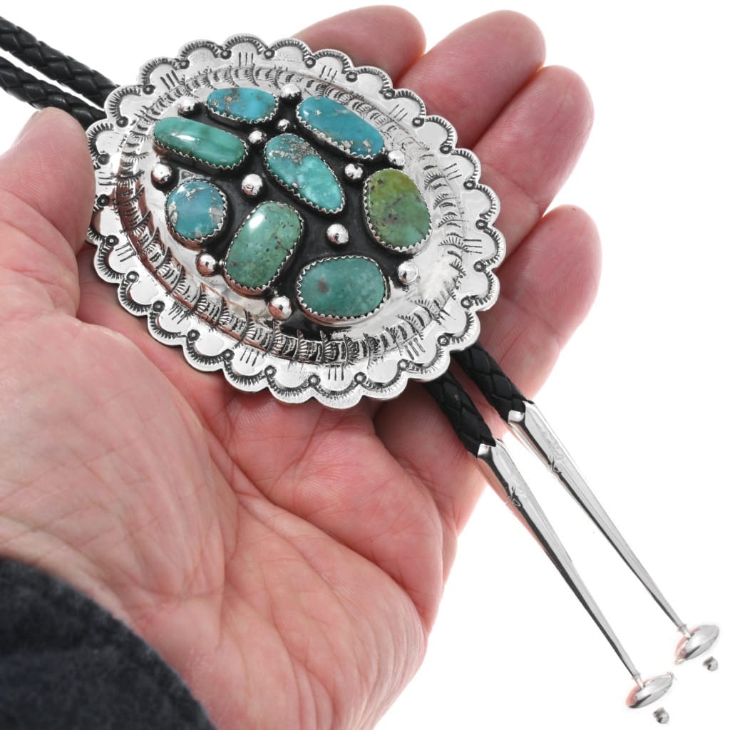 Silver Bolo Tie with Navajo Turquoise Cluster Design display picture 1