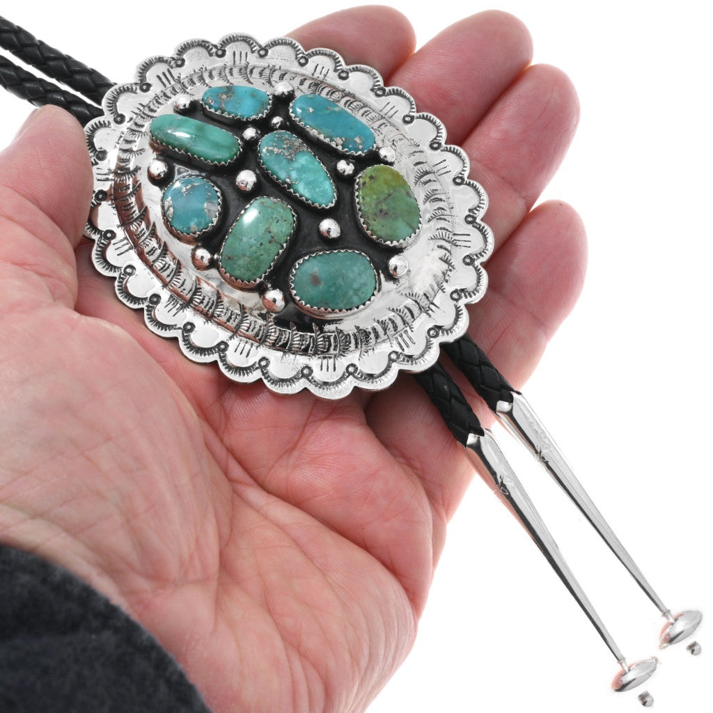 Navajo Turquoise Cluster Silver Bolo Tie Hand Hammered Concho