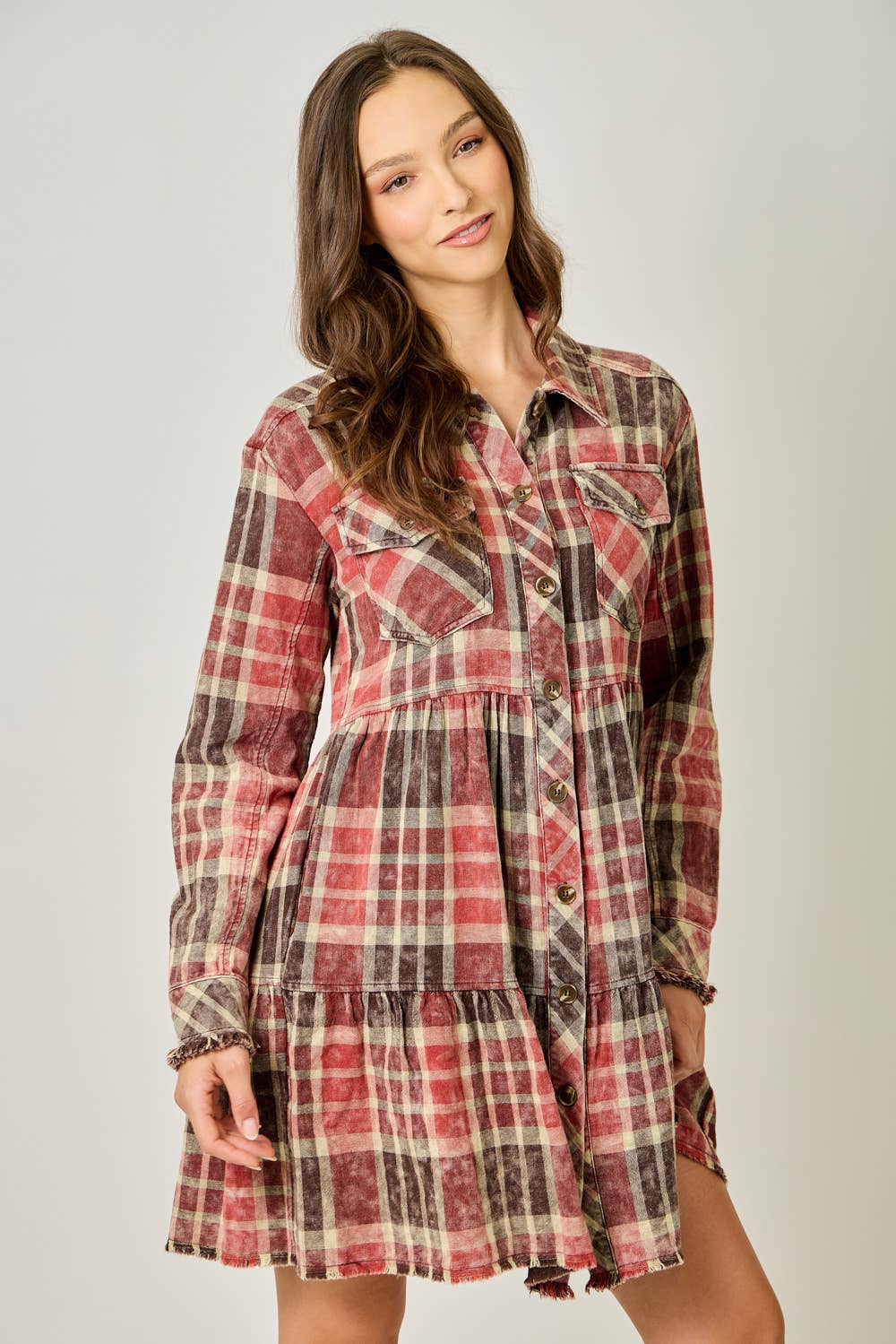 Acid Washed Tiered Coat Dress