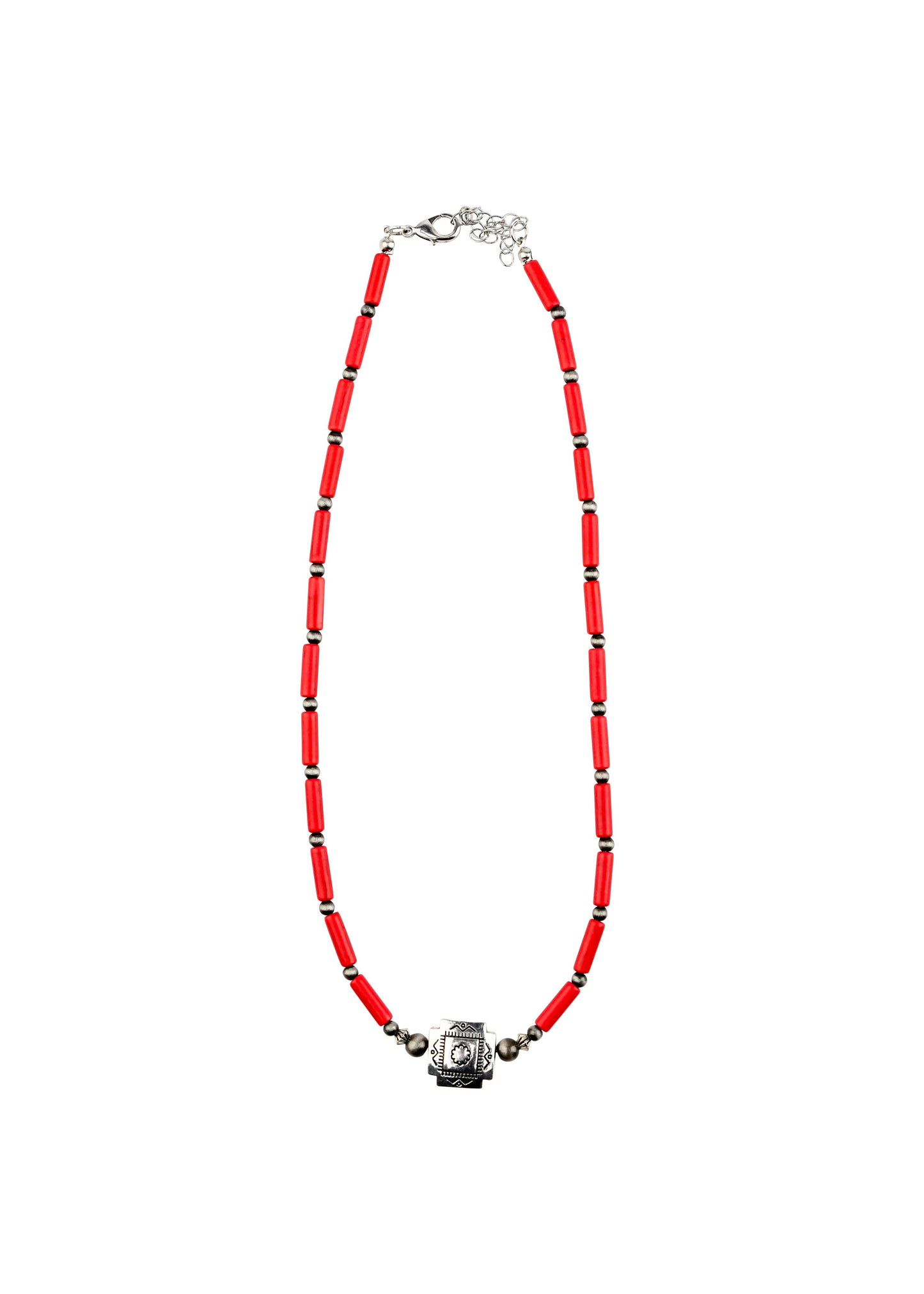 Red Tube Bead Necklace with Southwestern Bead Accent