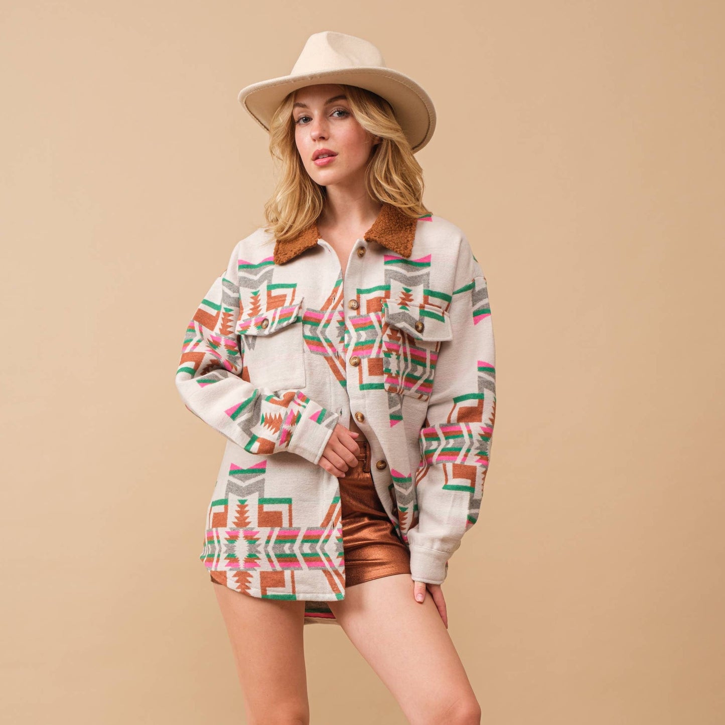 Jacquard Western Shirt Jacket with Aztec Style Pattern