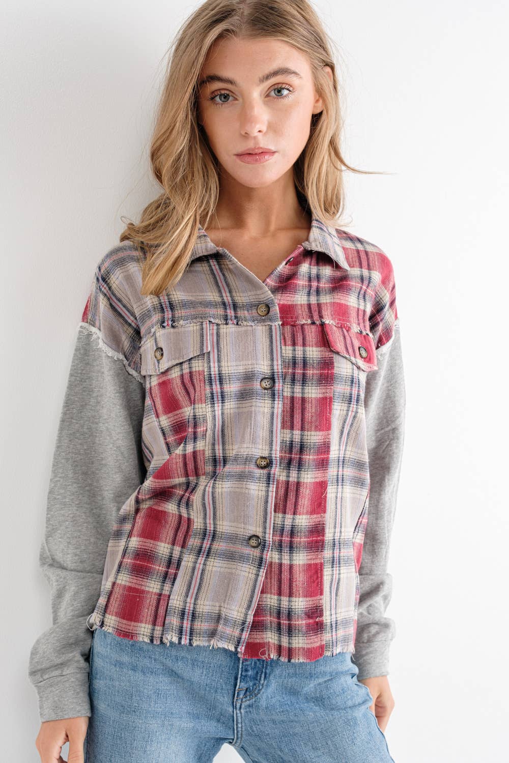 Mix Plaid Front Pocket French Terry Shirt Jacket