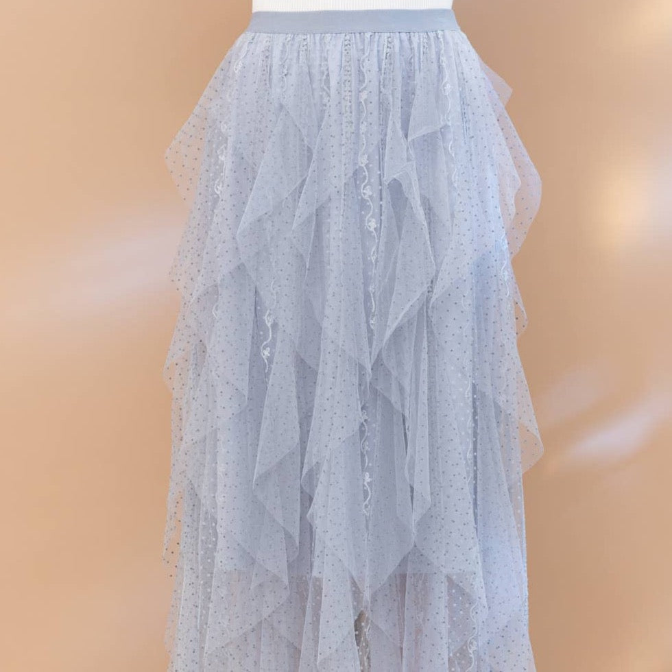 Swiss Dot Tulle Mesh Ruffle Maxi Skirt