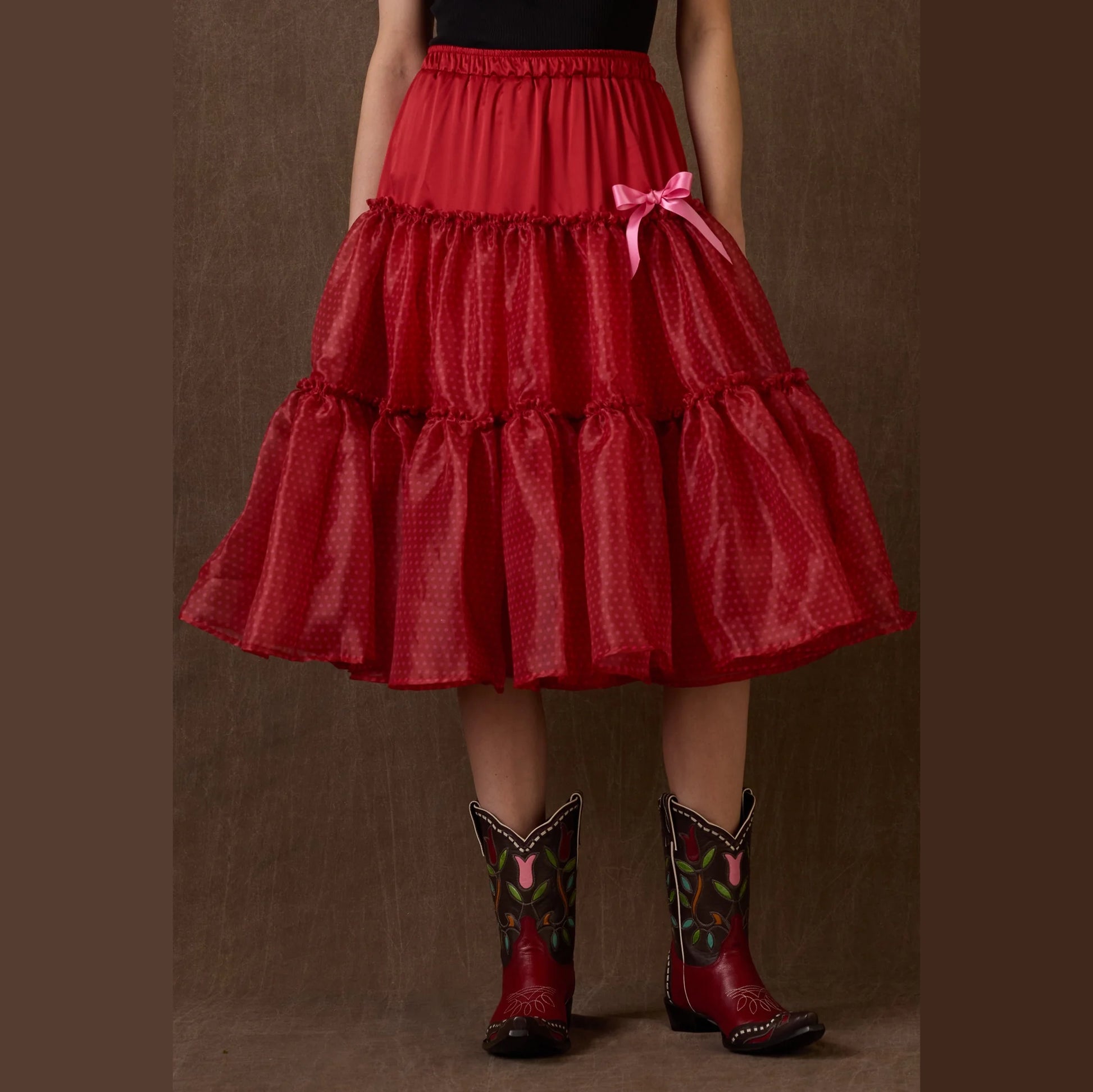 Red Prairie Swing Petticoat Skirt with Pink Bow and Boots