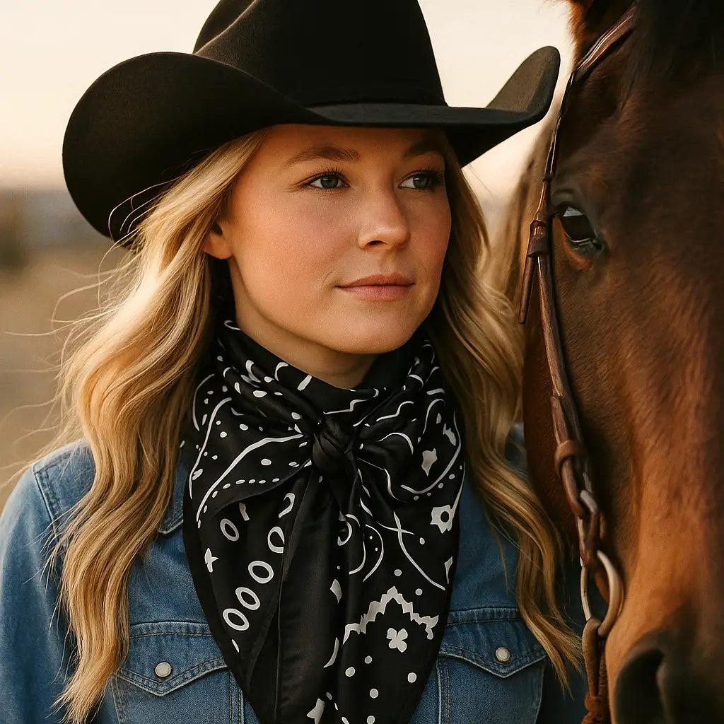 Woman in cowboy hat and bandana with a horse.