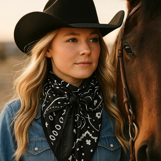 Woman in cowboy hat and bandana with a horse.