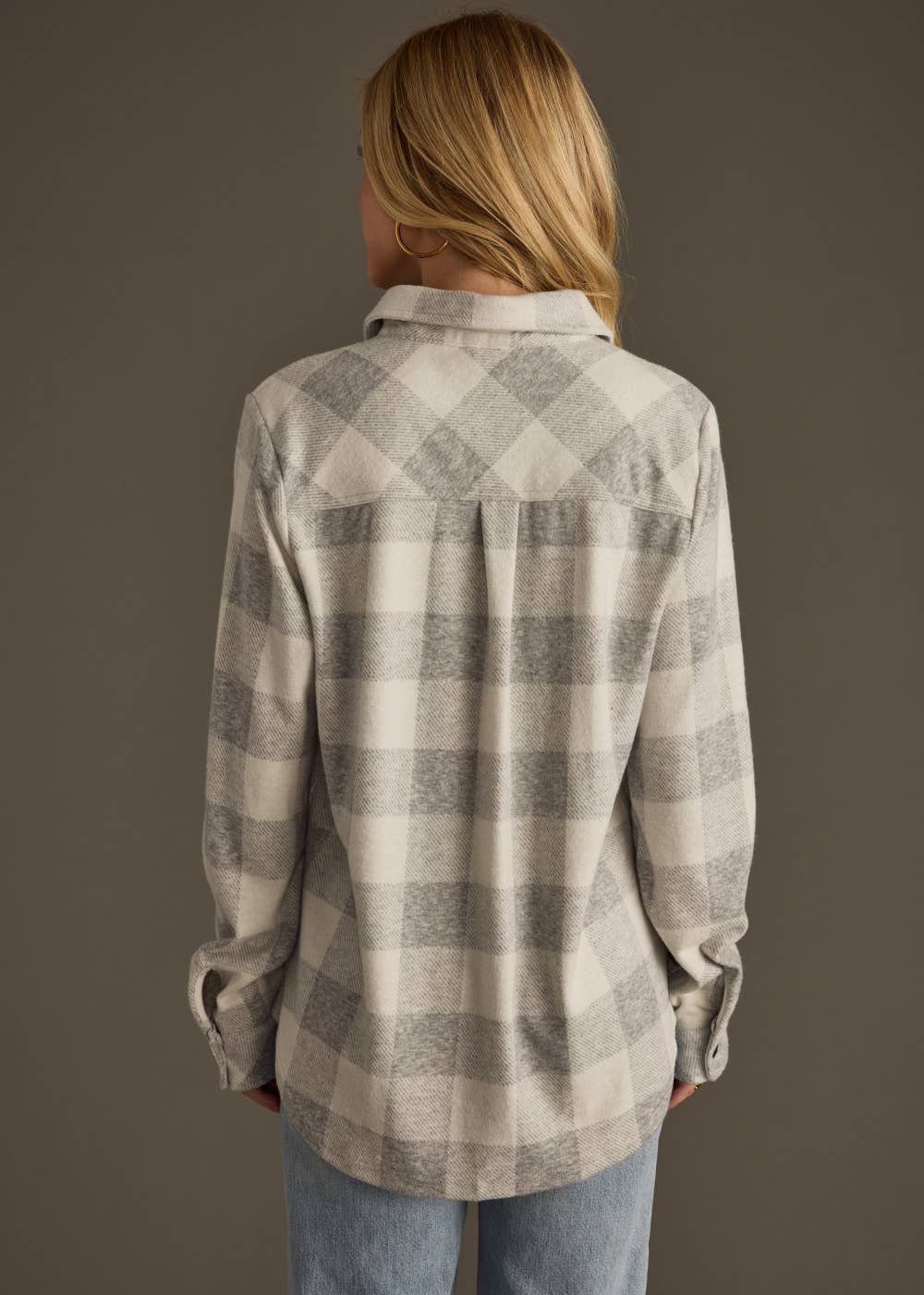 Light Gray & White Plaid Button Up Flannel for Women