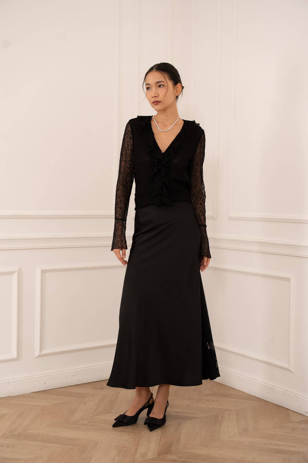 Chocolate Brown Lace Blouse with Ruffled V-Neck