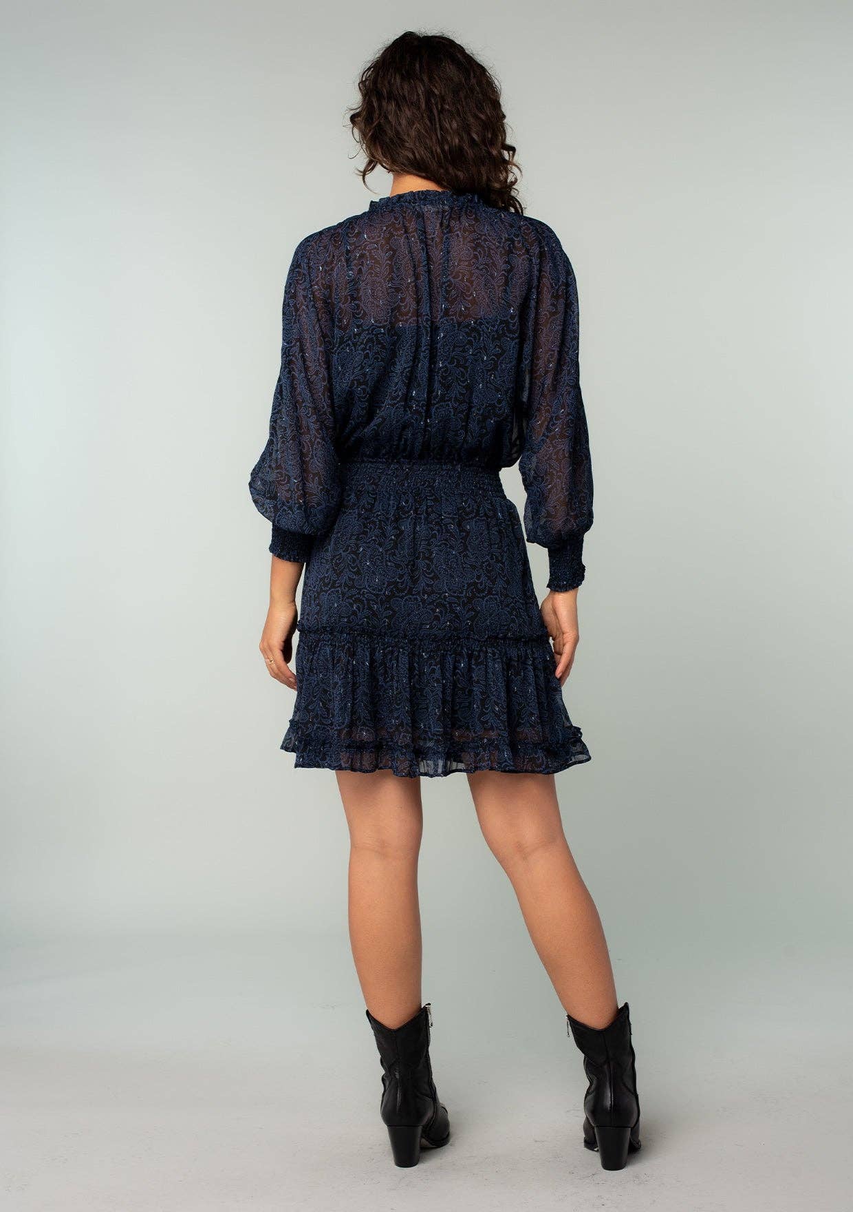 Paisley Dolman Sleeve Smocked Tiered Navy Mini Dress