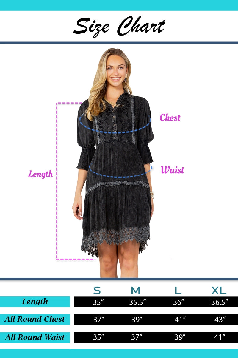 Dress size chart with chest, waist, and length measurements.