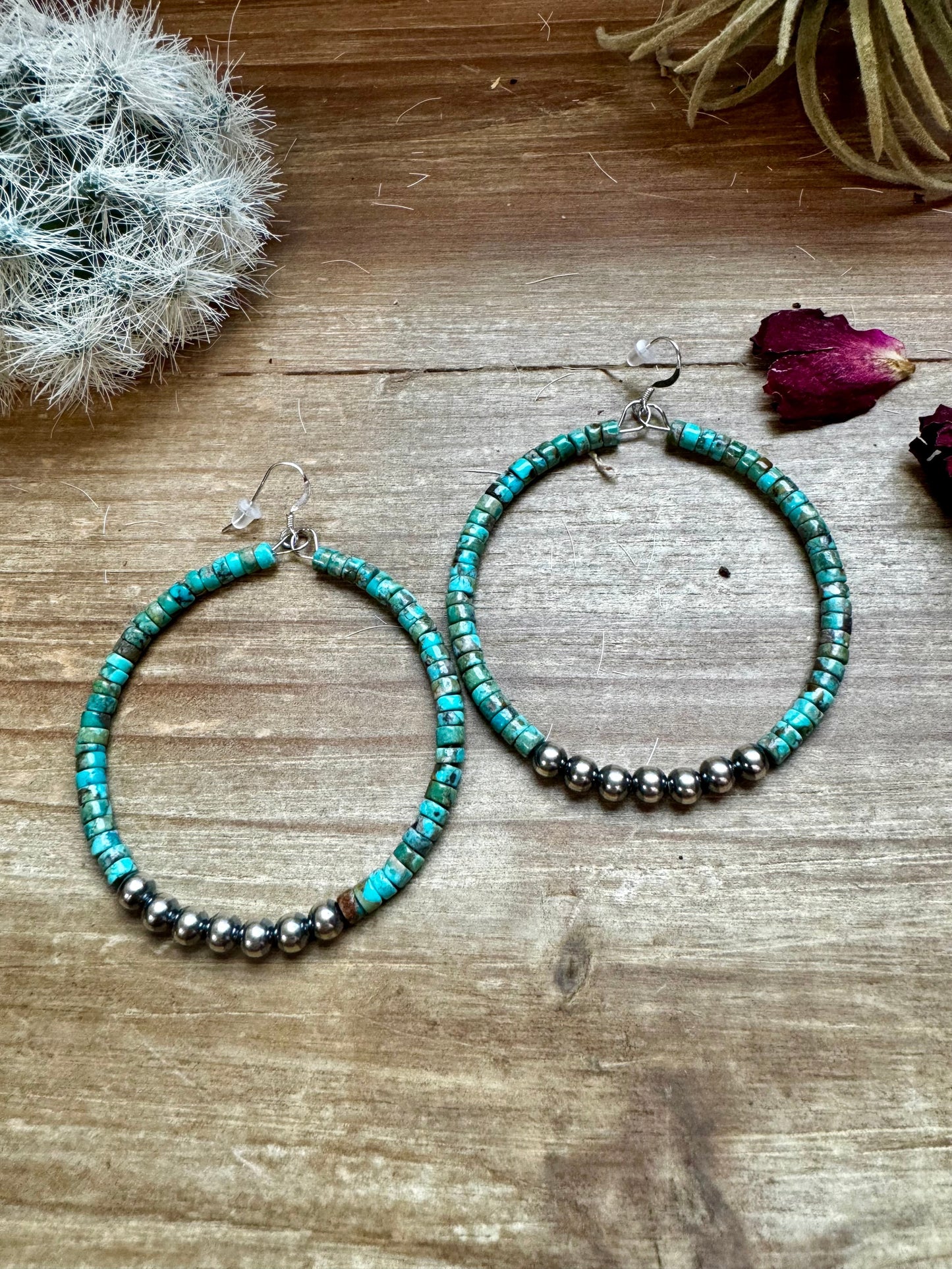 Big turquoise hoops earrings with sterling silver pearls