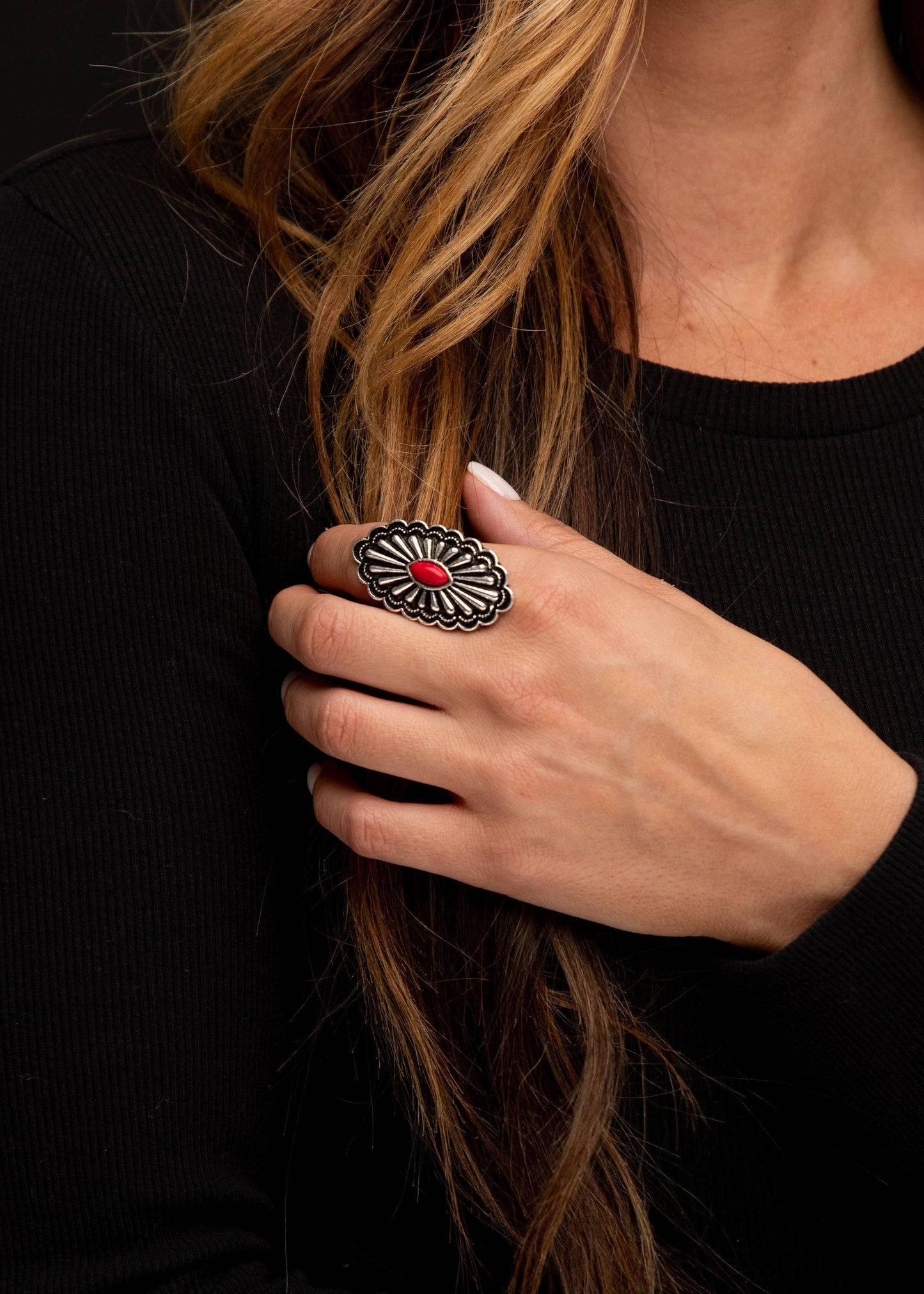 Adjustable Oval Concho Ring with Red Accent