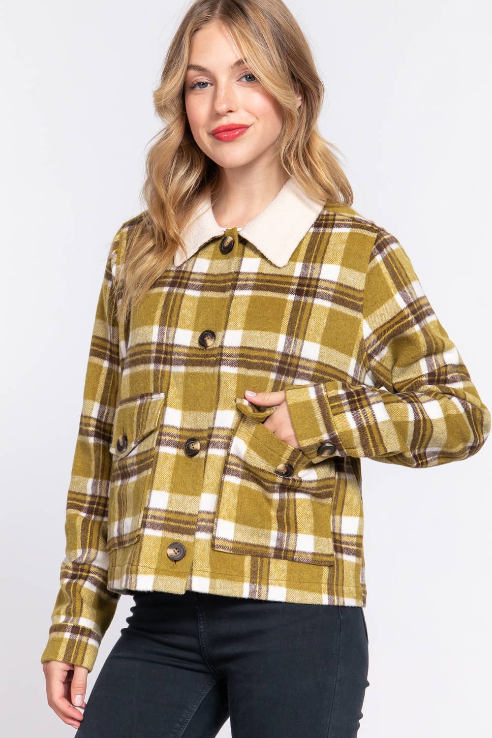 Faux Fur Collar Olive Plaid Shacket