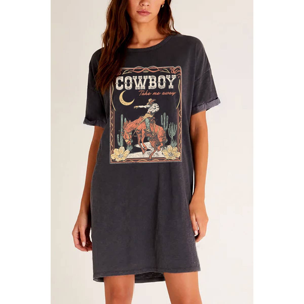 Cowboy Take Me Away Graphic T-Shirt Dress - Mineral Black