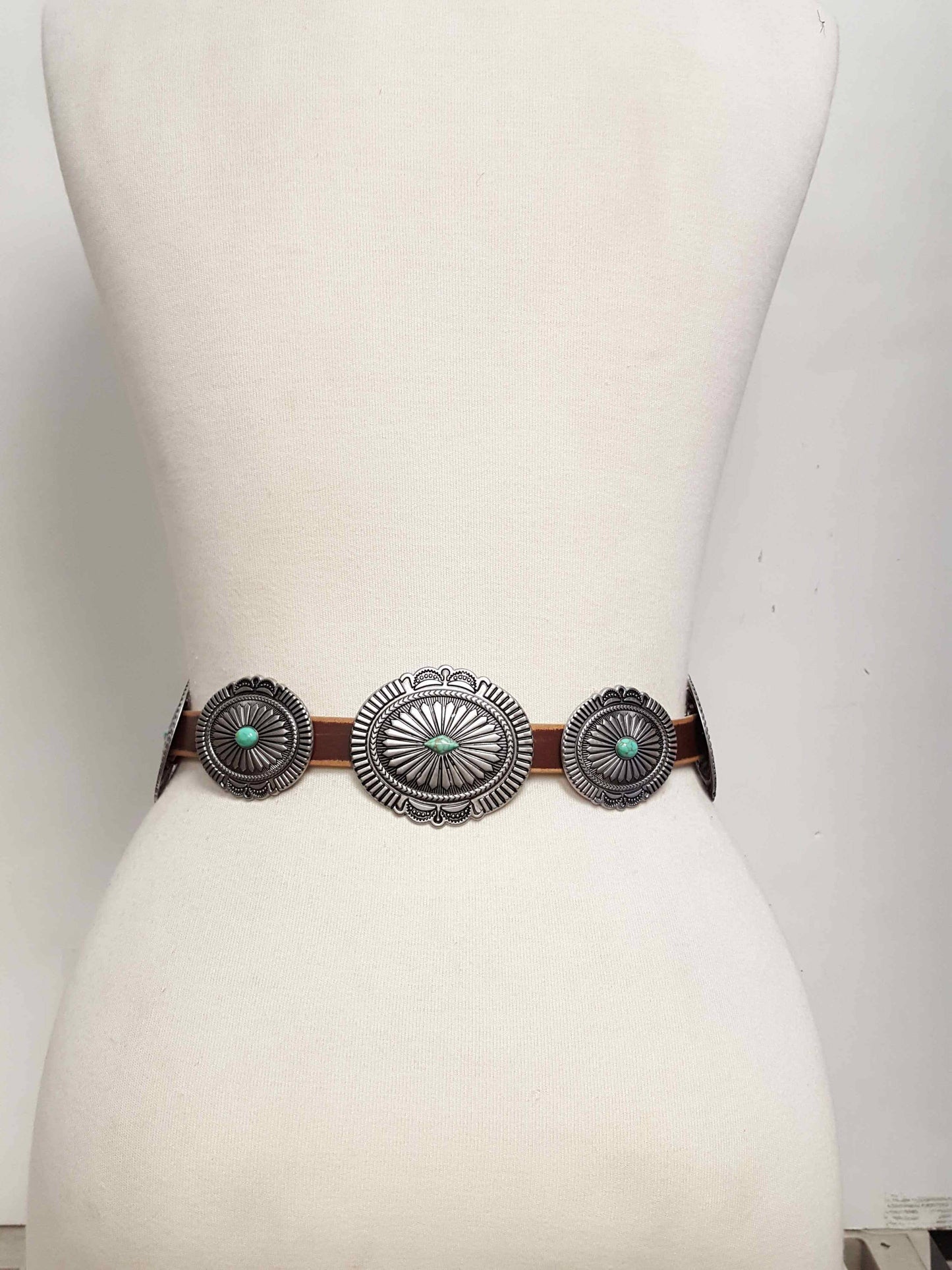Genuine Distressed Leather belt w. full-packed oval conchos