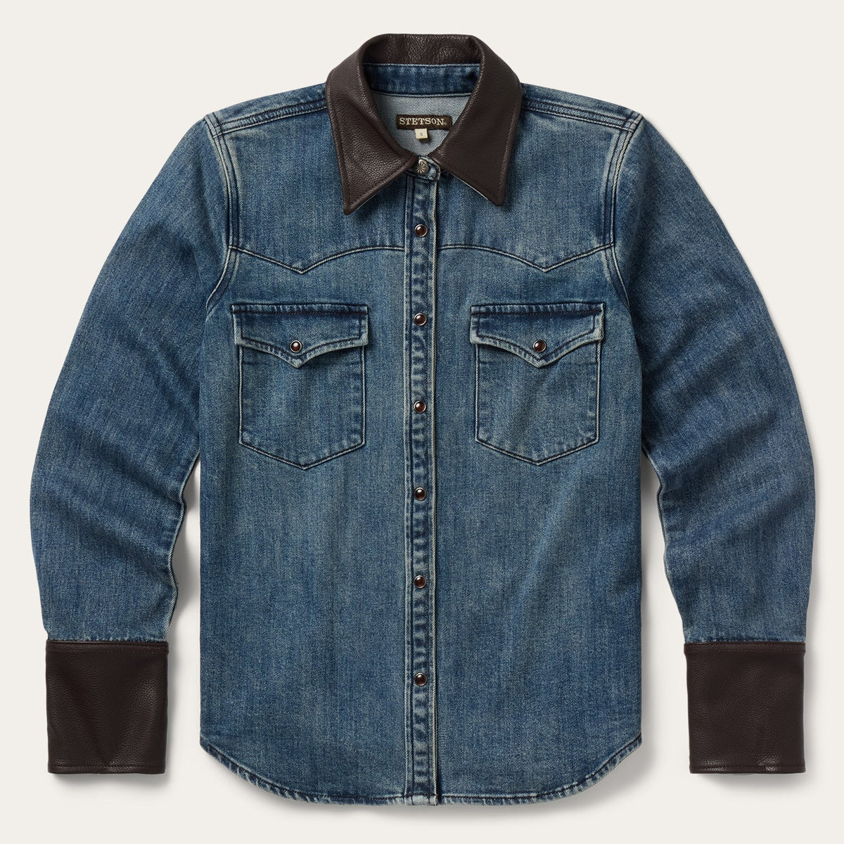 Stetson Stretch Denim Western Shirt with Leather Collar Womens