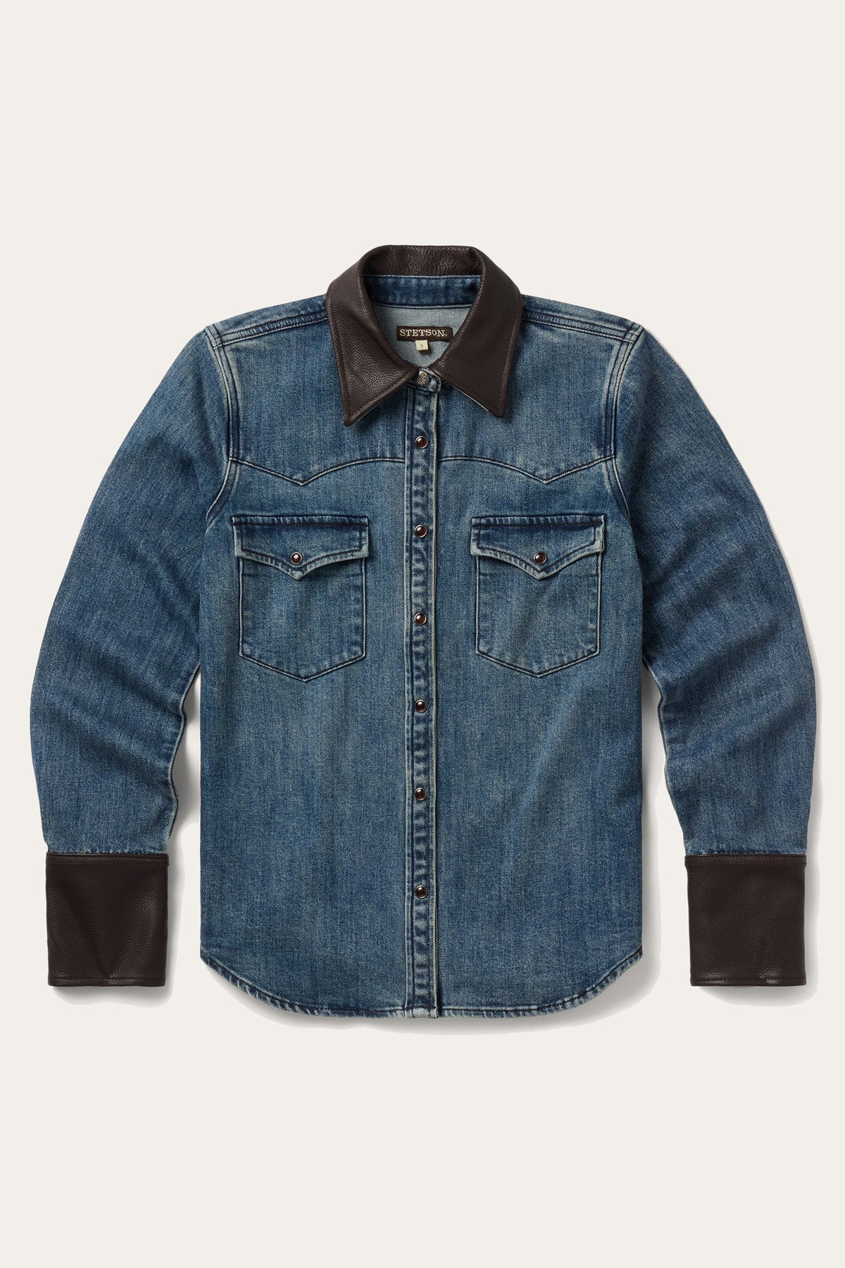 Stetson Stretch Denim Western Shirt with Leather Collar Womens
